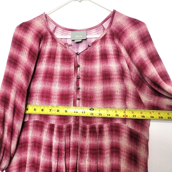 Maeve Anthropologie Cavalon Plaid Tunic Top Size XS Pink Cream 3/4 Sleeve Boho - Picture 5 of 9